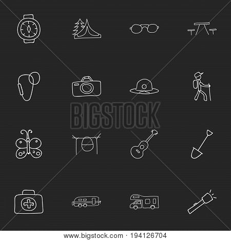 Set Of 16 Editable Travel Icons. Includes Symbols Such As Camper, Flashlight, Shovel And More. Can Be Used For Web, Mobile, UI And Infographic Design.