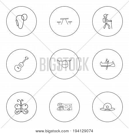 Set Of 9 Editable Travel Icons. Includes Symbols Such As Musical Instrument, Carabine, Beach Hat And More. Can Be Used For Web, Mobile, UI And Infographic Design.