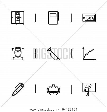 Set Of 9 Editable Teach Icons. Includes Symbols Such As Lesson, Ring, Chart And More. Can Be Used For Web, Mobile, UI And Infographic Design.