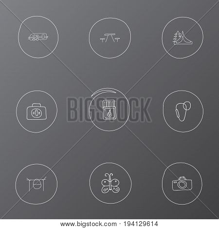 Set Of 9 Editable Trip Icons. Includes Symbols Such As Carabine, Camp House, Flammable Stick And More. Can Be Used For Web, Mobile, UI And Infographic Design.
