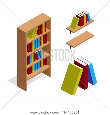Isometric bookcase and bookshelf with books illustration. 3d vector furniture icons