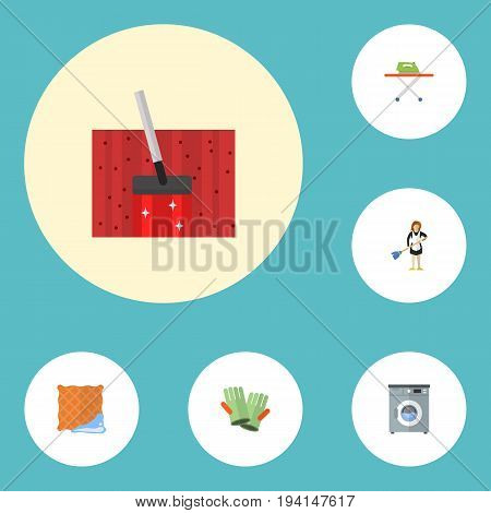 Flat Icons Housewife, Laundromat, Gauntlet And Other Vector Elements. Set Of Hygiene Flat Icons Symbols Also Includes Washing, Laundromat, Cloth Objects.