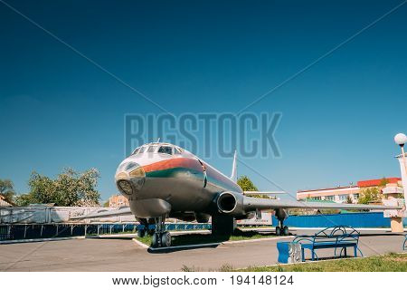 Chachersk, Belarus - May 14,2017: Chachersk Gomel Region Belarus. Aircraft Tu-124sh It Is Mounted On The Chassis On One Of Squares Of City. In Soviet Times There Was A Cinema For A While. Now Center Hosts Children's Art. Chechersk