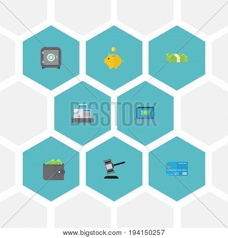 Flat Icons Till, Cash Stack, Computer And Other Vector Elements. Set Of Banking Flat Icons Symbols Also Includes Notebook, Billfold, Laptop Objects.