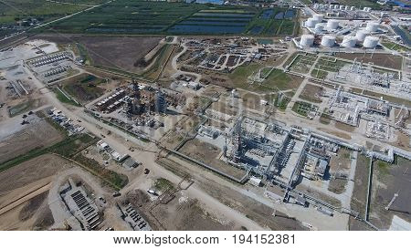 Oil Refinery Plant For Primary And Deep Oil Refining. Equipment And Tanks In The Oil Refinery. Recti
