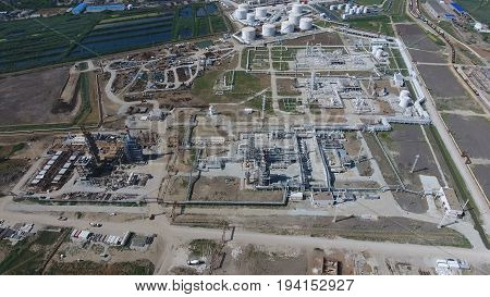 Oil Refinery Plant For Primary And Deep Oil Refining. Equipment And Tanks In The Oil Refinery. Recti