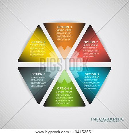 Vector infographic web element of triangle shapes with text on the gradient gray background.
