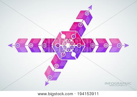 Vector infographic poster of gradient lilac and purple shapes with text on the gradient gray background.