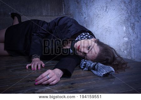 Crime Scene With Strangled Retro Styled Fashion Woman In A Darkplace