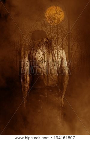 Shirtless man in dark forest,Horror background for book cover