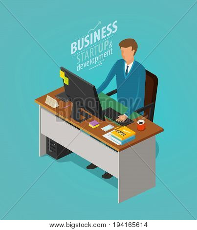 Business concept. Businessman, man sitting at desk with computer. Office worker, work, workplace icon. Flat vector illustration