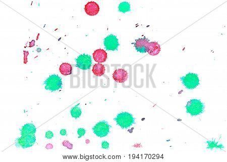 Abstract two-color red green ink splash. Ink blots. Elements of design. The water-soluble ink on white paper Leste. Abstractionism