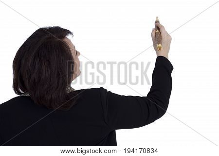 Senior business woman with a pencil on a white background