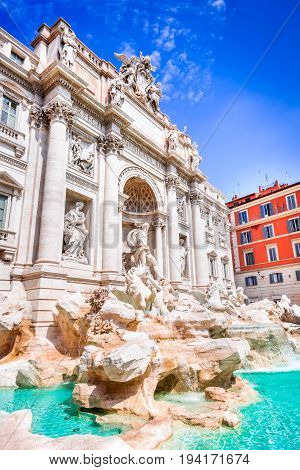 Rome Italy. Famous Fontana di Trevi and Palazzo Poli Bernini architecture in Baroque style.