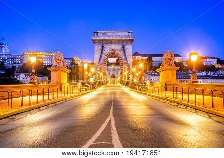 Budapest Hungary - Chain Bridge Szechenyi Lanchid. Suspension that spans the River Danube between Buda and Pest in hungarian capital city.