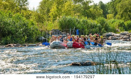 Village Mihia Mykolayiv region Ukraine - July 2 2017: Rafting and kayaking. A popular place for extreme family and corporate recreation as well as training for athletes.
