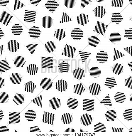 Seamless geometric pattern with black squares triangles circles pentagons hexagons and heptagons for tissue and postcards. Trendy geometric elements. Hipsters modern color background. Vector illustration