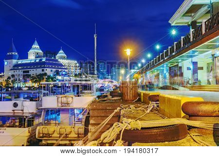TAIPEI TAIWAN - MAY 29: This is a night view of Fisherman's wharf a famous area in Tamsui where many tourists come to visit on May 29 2017 in Taipei