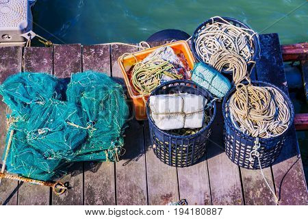 Fishing nets and equipment on a pier