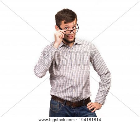 Young jocular man portrait of a confident businessman on a gray background. Ideal for banners, registration forms, presentation, landings, presenting concept.