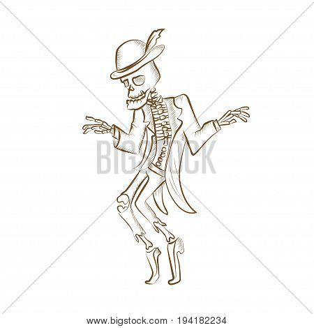 Dancing sceleton.Engraved hand drawn vector illustration. Isolated on white background. Could be used for Halloween decoration, prints, greeting card or invitation.