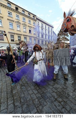 CRACOW POLAND - JULY 5 2017: 30th Street - International Festival of Street Theaters in Cracow Poland. An Odyssey Towards New Shores - a street parade