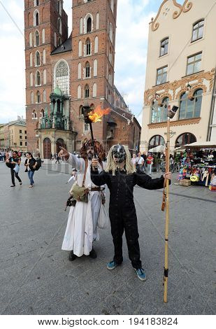 CRACOW POLAND - JULY 5 2017: 30th Street - International Festival of Street Theaters in Cracow Poland. An Odyssey Towards New Shores - a street parade
