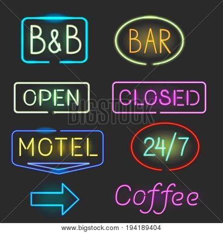 Neon logo sign icon set. Motel bar open closed signboard coollection.