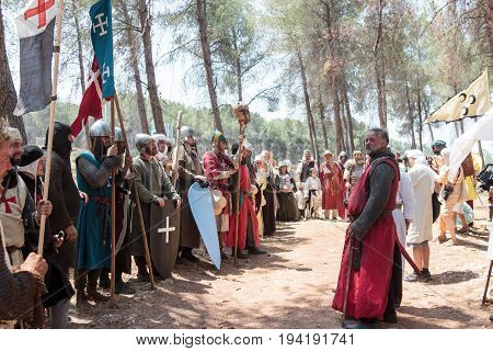 Tiberias Israel July 01 2017 : Participants in the reconstruction of Horns of Hattin battle in 1187 stand in a line in the camp before the campaign near TIberias Israel