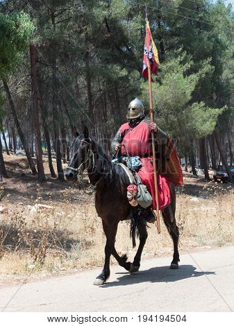 Tiberias Israel July 01 2017 : Participants in the reconstruction of Horns of Hattin battle in 1187 left the camp on horseback and ride go to the battle site near TIberias Israel