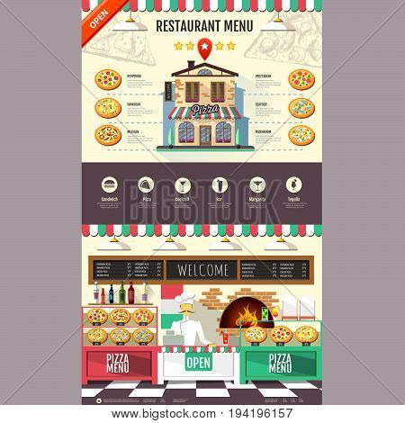 Flat style pizzeria cafe design. Web site design. Pizza menu