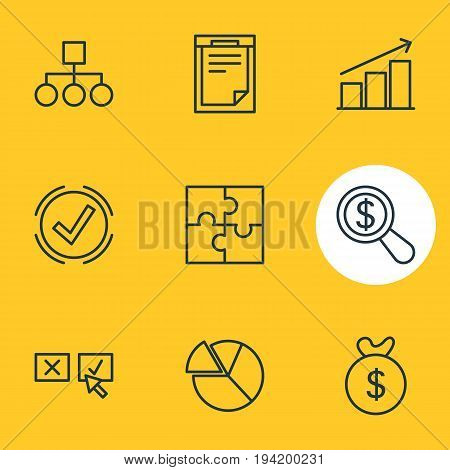 Vector Illustration Of 9 Trade Icons. Editable Pack Of Recision, Bag, Chart And Other Elements.