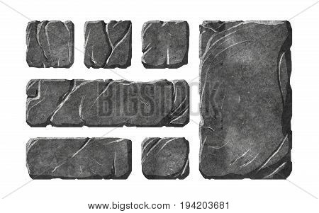 A set of realistic stone interface buttons and fantasy elements. Textured tablets and panels.