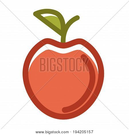 Red apple with green leaf isolated on white. Close up vector colorful illustration in graphic design of fresh and healthy seasonal summer fruit in round shape with ruddy skin growing on tree