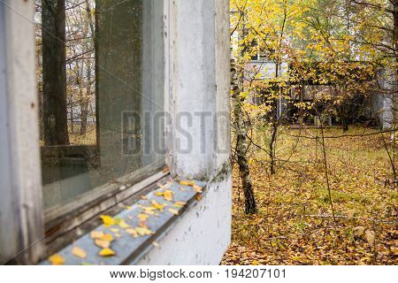 Pripyat. Ghost town in Chernobyl Exclusion Zone. Abandoned houses.