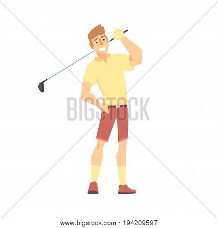 Smiling cartoon golf palyer character standing with golf club vector Illustration isolated on a white background