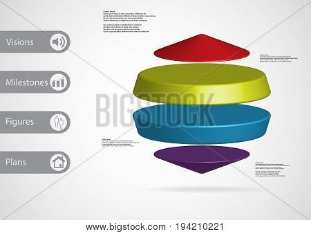 3D Illustration Infographic Template With Two Cylinders Between Two Cones Horizontally Arranged
