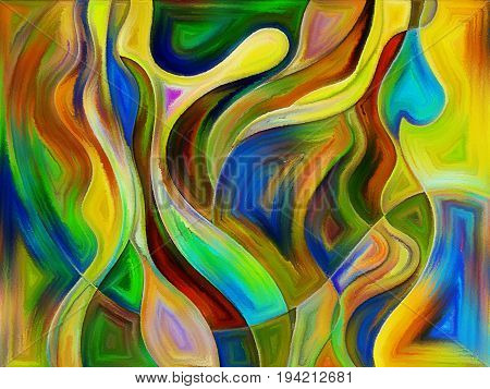Fluid abstract forms executed in vivid paint art style reminiscent of watercolor and stained glass