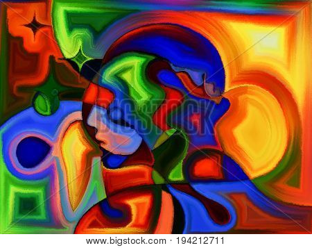 Abstract painted design of human heads on the subject of karma fate and destiny.