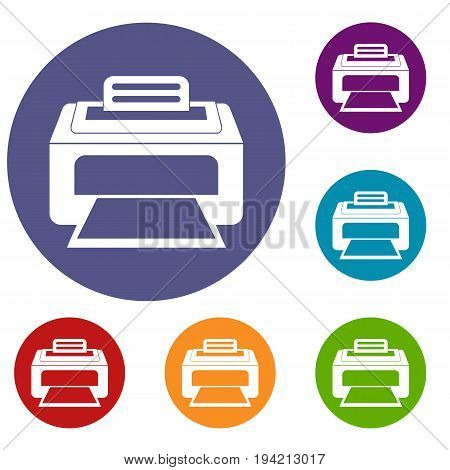 Modern laser printer icons set in flat circle reb, blue and green color for web
