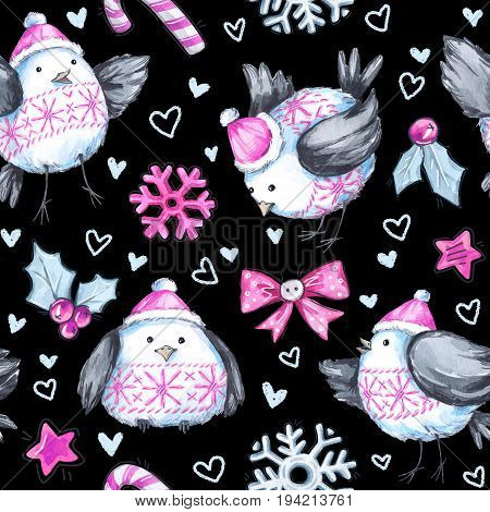 Watercolor seamless greeting pattern with cute flying birds. New Year. Celebration illustration. Merry Christmas. 