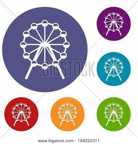 Singapore Flyer, tallest wheel in the world icons set in flat circle reb, blue and green color for web