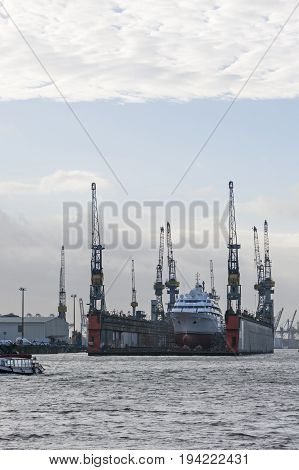 Transhipment Cranes In Hamburg Port. Hamburg, Germany