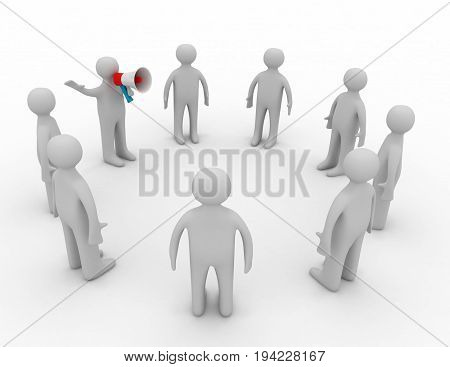 orator speaks in megaphone , 3d rendered illustration