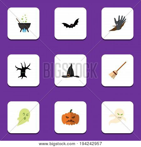 Flat Icon Halloween Set Of Witch Cap, Magic, Phantom And Other Vector Objects. Also Includes Gourd, Creepy, Phantom Elements.