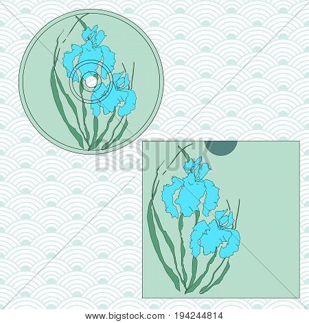 CD cover design. Vectorized irises, hand-drawing illustration, Stylized traditional Chinese painting, Japanese art sumi-e