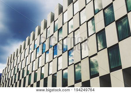 DUBLIN IRELAND - 5th July 2017: detail of the Docklands aea of Dublin featuring the Bord Gais Theatre and the Marker Hotel