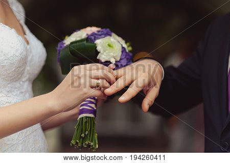 Newlyweds exchange rings, groom puts the ring on the bride's hand in marriage registry office