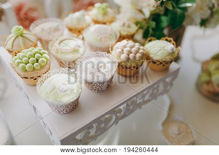 Candy bar. Table with sweets, candies, dessert