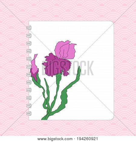 Notebook cover design, hand-drawing illustration. Vectorized irises, hand-drawing illustration, Stylized traditional Chinese painting, Japanese art sumi-e